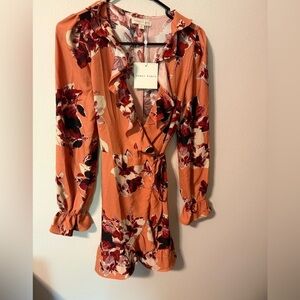 Honey Punch Orange Wrap Blouse with Ruffled Long Sleeves
